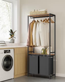 MIRA Home Wasmand met Kledingrek - Wassorteerder 2 Vakken 2x46 Liter - Zwart/Bruin - 73x33x177 cm — thumbnail 3