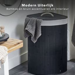 Bamboe Wasmand met Waszak - Hoekmodel - Wassorteerder Opvouwbaar 72L - Zwart - Met Deksel en Binnenzak - Inclusief EBOOK — thumbnail 3