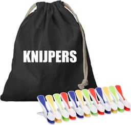 Canvas knijperzak/ opbergzakje knijpers zwart met koord 25 x 30 cm en 48 plastic wasknijpers - Knijperzak met knijpers — thumbnail 1