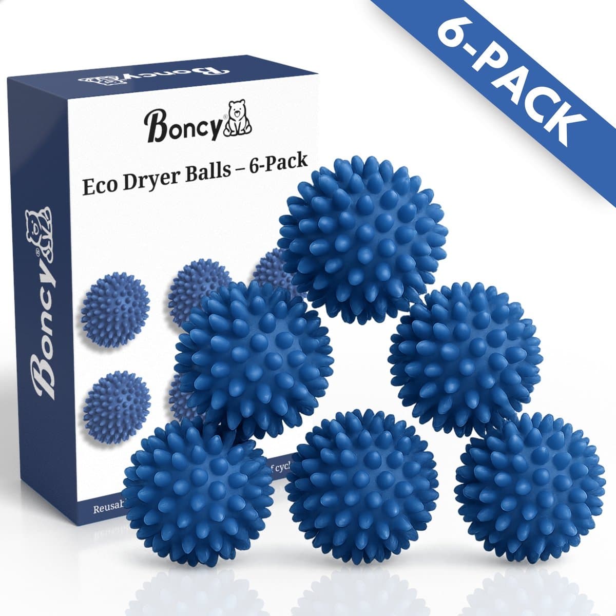 Boncy® Drogerballen - 6 Stuks Blauw - Droogballen voor Wasdrogers - Energiebesparend & Duurzaam Cadeau - Wasdrogerballen - Wasballen voor Wasdroger Droogtrommel - Dryer Balls Wol Droger Ballen - Wasmachine Wasbol Wasbollen — afbeelding 1