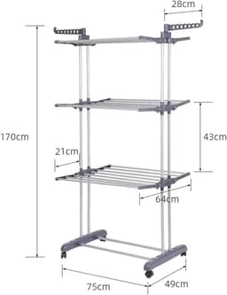 Opklapbaar Droogrek - Wasdroger Toren - Kleding Drogen - 3 Etages Vleugels - 75x49x170 cm - Grijs — thumbnail 5
