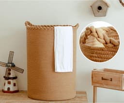 90L Extra Grote Geweven Wasmand Katoenen Hoge Wasmand Voor Dekens Kleding Kussens Speelgoed Schoenen Grote Opbergmand Bruin — thumbnail 3