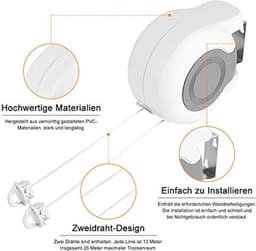Dailygoods - Intrekbare Waslijn - Kledinglijn voor Binnen en Buiten - Ruimtebesparend Ontwerp - Wit - Drooglijn voor Balkon en Tuin - Geschikt voor Kl... — thumbnail 5