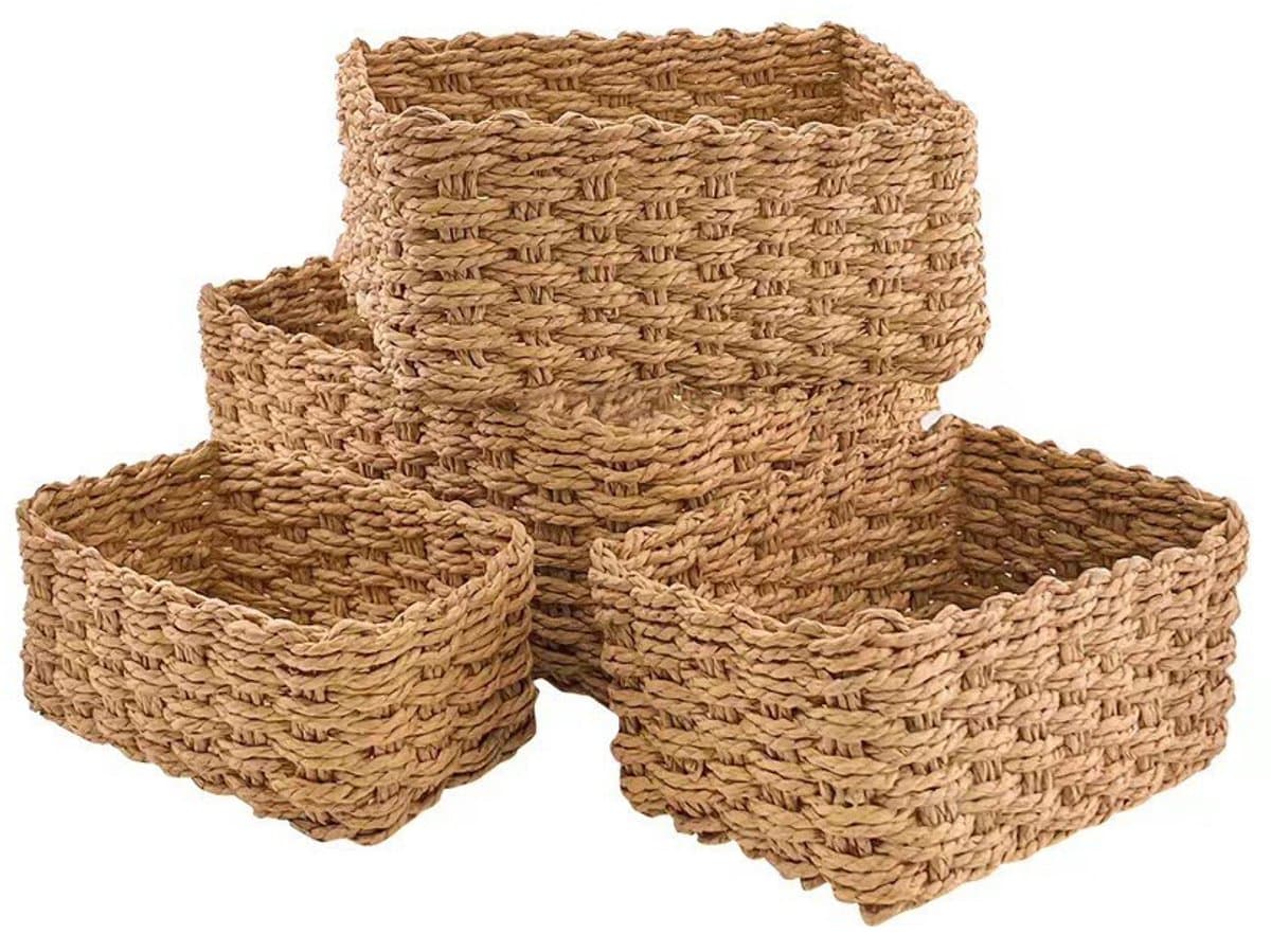 5 stuks gevlochten papierkoord opbergmandjes – Stapelbaar, voor badkamer, keuken, woonkamer — afbeelding 1