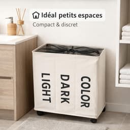 Wasmand Met Wieltjes - Vuile Was Mand - Kleding Sorteren - Drie Vakken Met Deksel - 34x54x53cm - Wit — thumbnail 4