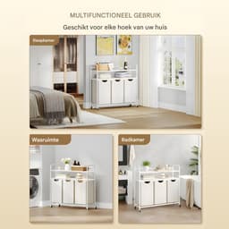 Wasmand – Voor Badkamer & Wasruimte – 3 Compartimenten (3×46L) met 2 Planken, Uitschuifbare Waszak – Ivoor — thumbnail 2