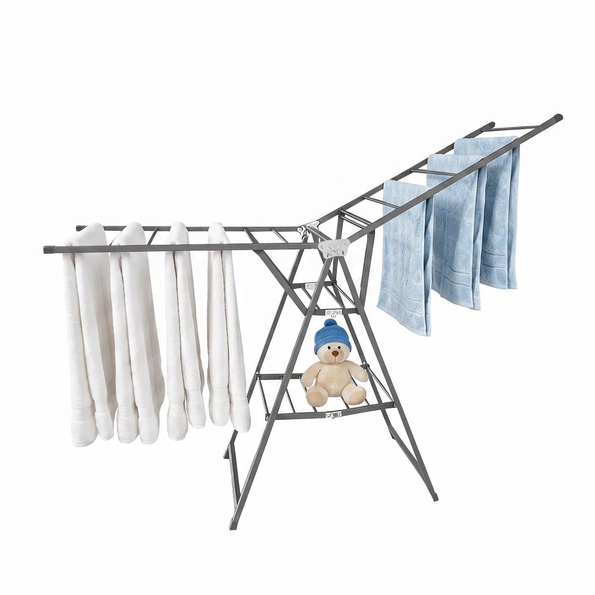 Opvouwbare dubbele wasrek – met hoogteaanpasbare vleugelsteunen – vrijstaand ruimtebesparend ontwerp – geschikt voor het drogen van kleding en beddengoed – geschikt voor binnen en buiten – driedelige wasrek met schoenenrek – grijs — afbeelding 1