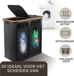 Luxe Wassorteerder - Wasmand 2 Vakken - Wasmand met Deksel - Wasmanden - Grijs — thumbnail 4