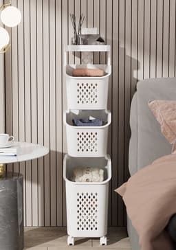 iBright Wassorteerder – Smalle Wasmand met 3 vakken - Op wieltjes - Staande wasbox - 3 Lagen - Wit — thumbnail 5
