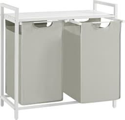 Wasmand 2 vakken, wasmand met plank, wasbox, waszak van oxford stof uitneembaar, metalen frame, 2 x 46 L, 73 x 33 x 72 cm, wit — thumbnail 2