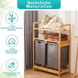 Bamboe Wasmand met Uittrekbare Zakken en Planken - Grijs - Voor Slaapkamer, Badkamer en Waskeuken — thumbnail 4