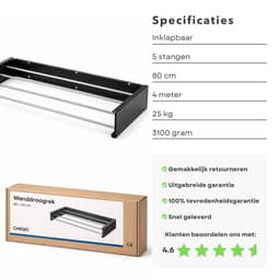Cheqo® Wanddroogrek - Wanddroogrek Inklapbaar - Droogrek Muur - Muurdroogrek - Wanddroogrek Zwart - Inklapbaar Droogrek - Droogrek Aan Muur - Muur Droogrek Inklapbaar — thumbnail 3