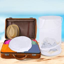 Opvouwbare wasmanden met deksel, pop-up wasmanden van gaas, draagbare witte wasmanden van gaas, wasmanden met handvatten voor kamperen, reizen, kleding, kinderkamer organizer, 2 stuks, 32x32x50cm — thumbnail 5