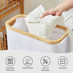 RFWR® Wasmand met Deksel - 48 Liter Smal en Opvouwbaar met Waszak - Houten en Bamboe Design — thumbnail 3