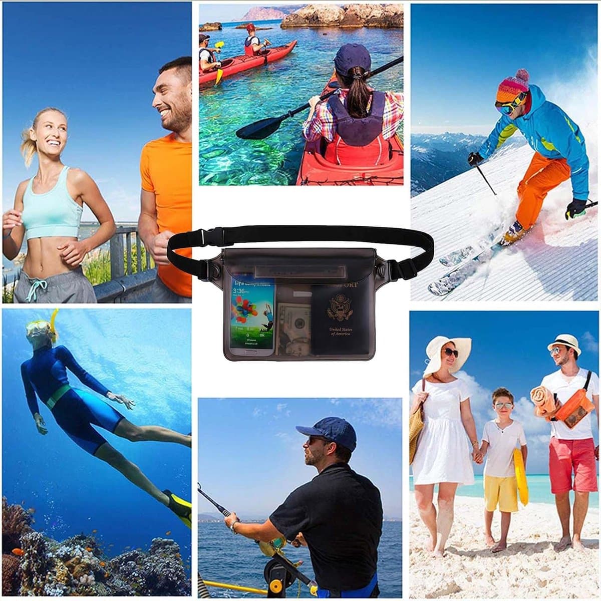 3-delige waterdichte tas, waterdichte heuptas met verstelbare riem, waterdichte telefoonhoes voor zwemmen, bootuitstapjes, heuptas voor wateractiviteiten - zwart — afbeelding 1