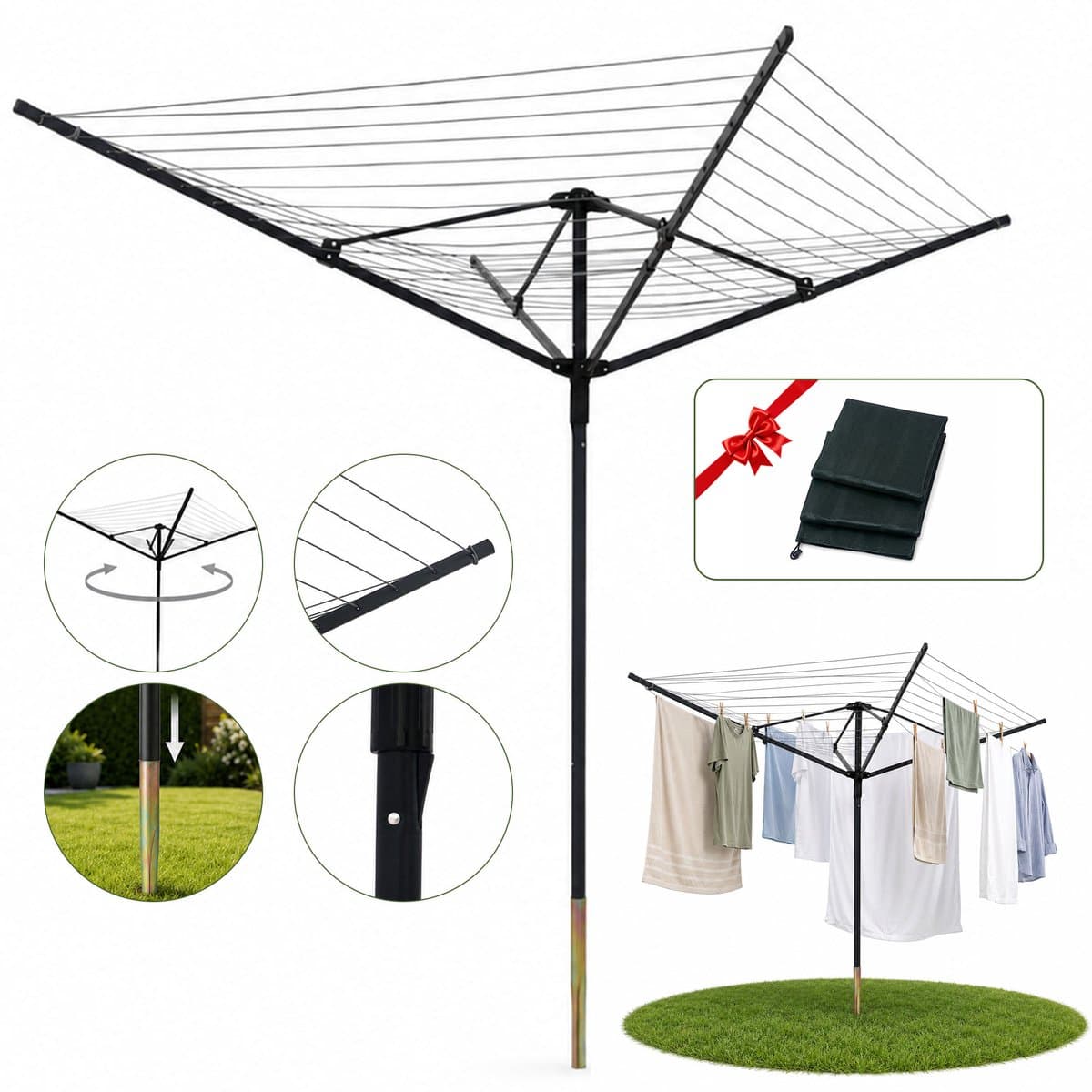 Wishdor Droogmolen 50 meter - 360 graden draaibaar - Met metalen grondpen en beschermhoes - In hoogte verstelbaar - Voor tuin en buiten - Metaal - Zwart - 182 x 165 x 215 cm — afbeelding 1