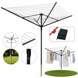 Wishdor Droogmolen 50 meter - 360 graden draaibaar - Met metalen grondpen en beschermhoes - In hoogte verstelbaar - Voor tuin en buiten - Metaal - Zwart - 182 x 165 x 215 cm — thumbnail 1