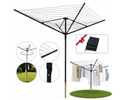 Wishdor Droogmolen 50 meter - 360 graden draaibaar - Met metalen grondpen en beschermhoes - In hoogte verstelbaar - Voor tuin en buiten - Metaal - Zwart - 182 x 165 x 215 cm
