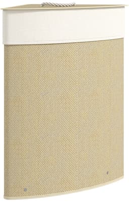 REDOM - Hoekwasmand - 55 liter inhoud - Afneembaar deksel en machinewasbare stoffen zak - Bamboe en metalen frame - Crème en natuurlijk hout - 35 x 35 x 60 cm — thumbnail 2