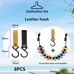 2 Stuks Draagbare Wastlijn met 10 Extra Clips + 8 Leren Haken Set, Reiswastlijn met 12 Klemmen & 13 Bevestigingsbogen, Camping Wastlijn voor Kamperen, Tuin, Balkon, Camper (Zwart/Wit) — thumbnail 4