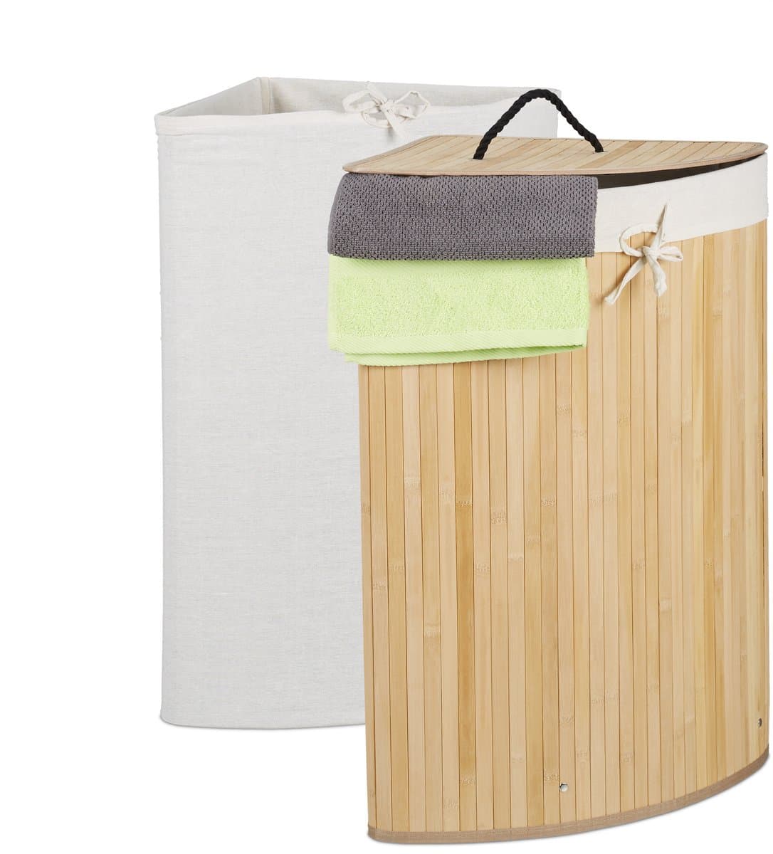 wasmand bamboe - 60 l - opvouwbaar - met deksel en 2 stoffen waszakken - 66 x 49,5 x 37 cm - natuur — afbeelding 1
