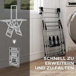 Droogrek Inklapbaar Met Verstelbare Vleugels En Schoenhouders 156,5 X 68 X 192 Cm Rvs Zilver Voor Ruimtebesparend Wassen — thumbnail 4