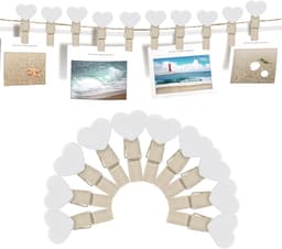 SnelShoppen - 20 Stuks Mini Houten Clips Hartvorm met 2m Jute Touw, Foto Clips voor DIY Decoratie, Witte Hart Clips voor Feesten en Creatieve Projecte — thumbnail 1