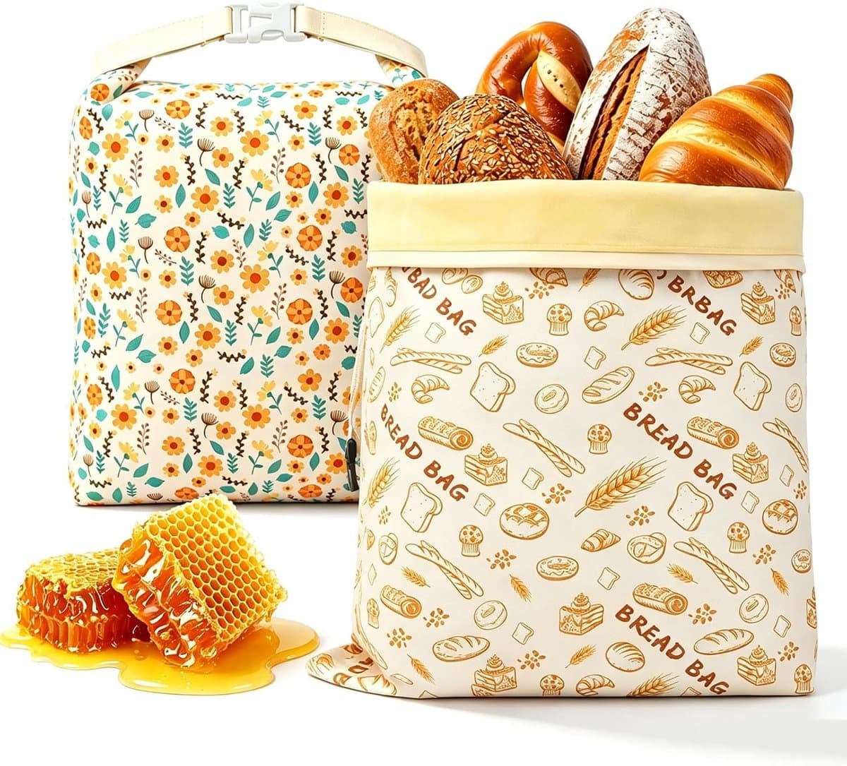Herbruikbare bijenwas broodzakken - Set van 2, groot 43 x 33 cm, natuurlijk conserveren van brood en bakwaren, milieuvriendelijk en duurzaam — afbeelding 1