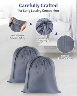 Dailygoods - OTraki Waszakken voor op reis, 2 stuks, waszakken voor de vuile was, opvouwbare opbergzak, scheurbestendig, voor speelgoed, camping, vakantie, studentenhuis, 50 cm x 60 cm, grijs — thumbnail 3