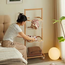 Wasmand met 2 Lagen - Kledingmand Rolbaar - Kleding Sorteren - Afneembare Manden - 127 cm Hoog - Walnoot — thumbnail 5