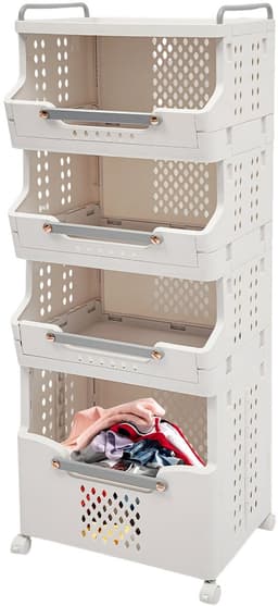 4-Laags Wasmand met 360° Stille Wielen – Opvouwbaar Wasrek en Kledingopbergrek voor Woonkamer en Badkamer – Wit — thumbnail 1