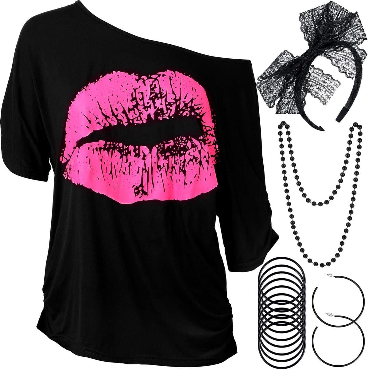 jaren 80 outfits kostuum accessoires voor vrouwen lippen print t-shirt kant hoofdband oorbellen ketting armband — afbeelding 1