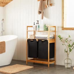 Wasmand van bamboeframe, wasverzamelaar met 2 planken, met 2 uittrekbare waszakken, geschikt voor slaapkamer, badkamer en waskeuken, 93 x 64 x 33 cm, zwart — thumbnail 4