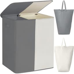 154L dubbele wasmand met deksel, grote wasbak en afneembare waszakken, grote inklapbare 2 verdelers wasbak met handgrepen voor slaapkamer wasruimte (beige+grijs) — thumbnail 1