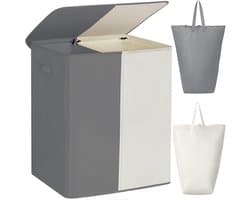 154L dubbele wasmand met deksel, grote wasbak en afneembare waszakken, grote inklapbare 2 verdelers wasbak met handgrepen voor slaapkamer wasruimte (beige+grijs)