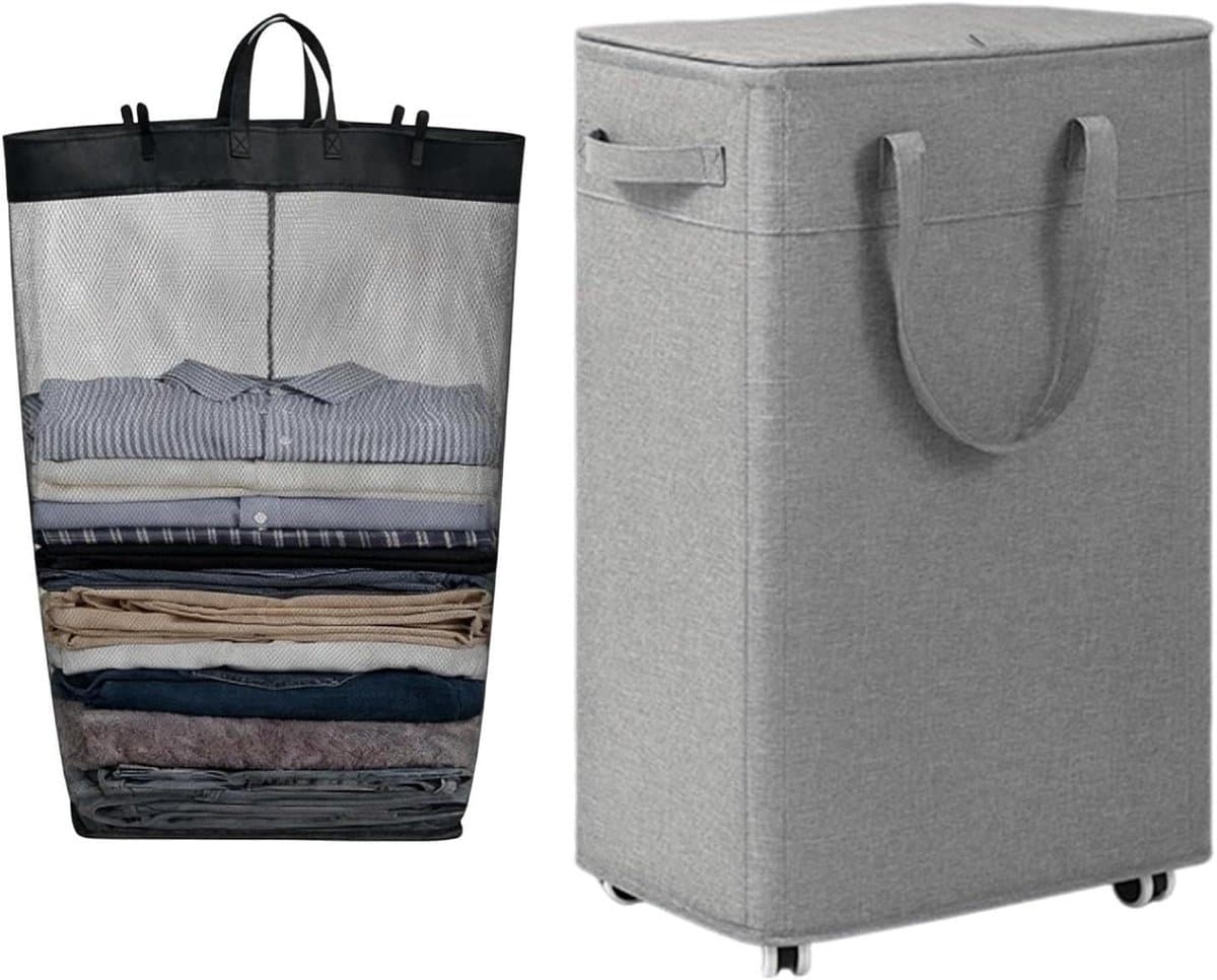 Rolbare Wasmand - Opbergbak Wielen - Kleding Opbergen - Verstevigd Metalen Frame - 75 Liter - Grijs — afbeelding 1