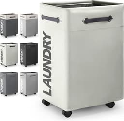 Grote Inklapbare Wasmand met Wieltjes 74L - Opvouwbare Dunne Wasmand met Handvat - Praktische Opbergbox voor Slaapkamers en Wasruimte - Gebroken Wit en O2 — thumbnail 1