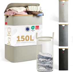 Blumtal Wasmand 150L - Wasmand met 3 uitneembare waszakkken - Wasmand met 3 vakken - Smalle wasmand - Flesverzamelaar - Wasmand met deksel - Beige — thumbnail 1