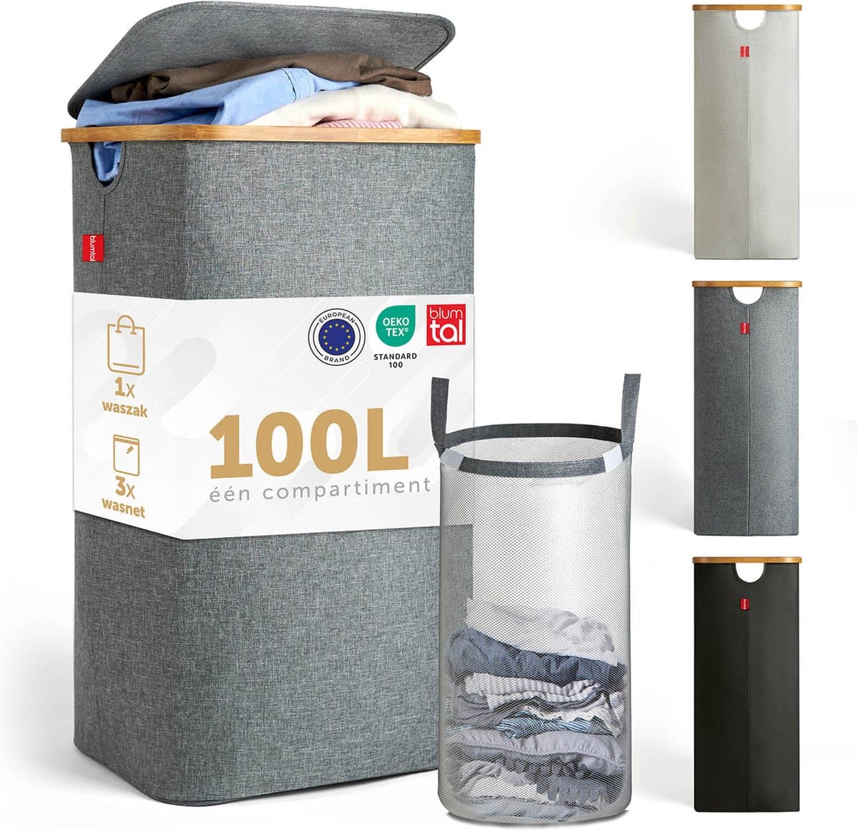 Blumtal Wasmand 100L - Wasmand met uitneembare waszak - Smalle wasmand - Flesverzamelaar - Wasmand met deksel - Grijs — afbeelding 1