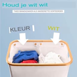 Dubbele wasmand met deksel en afneembare waszakken - XXL 150 L - Beige - 2 secties - Wassorteerder met 2 compartimenten - Bamboe — thumbnail 2