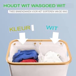 Dubbele wasmand met deksel en afneembare waszakken - XXL 150 L - Beige - 2 secties - Wassorteerder met 2 compartimenten - Bamboe — thumbnail 3