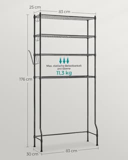 Zwaar Wasmachine rek - Wasmachine rek met opbergruimte en haken- verstelbare planken - Toilet kast - 30 x 83 x 176 cm - zwart — thumbnail 4