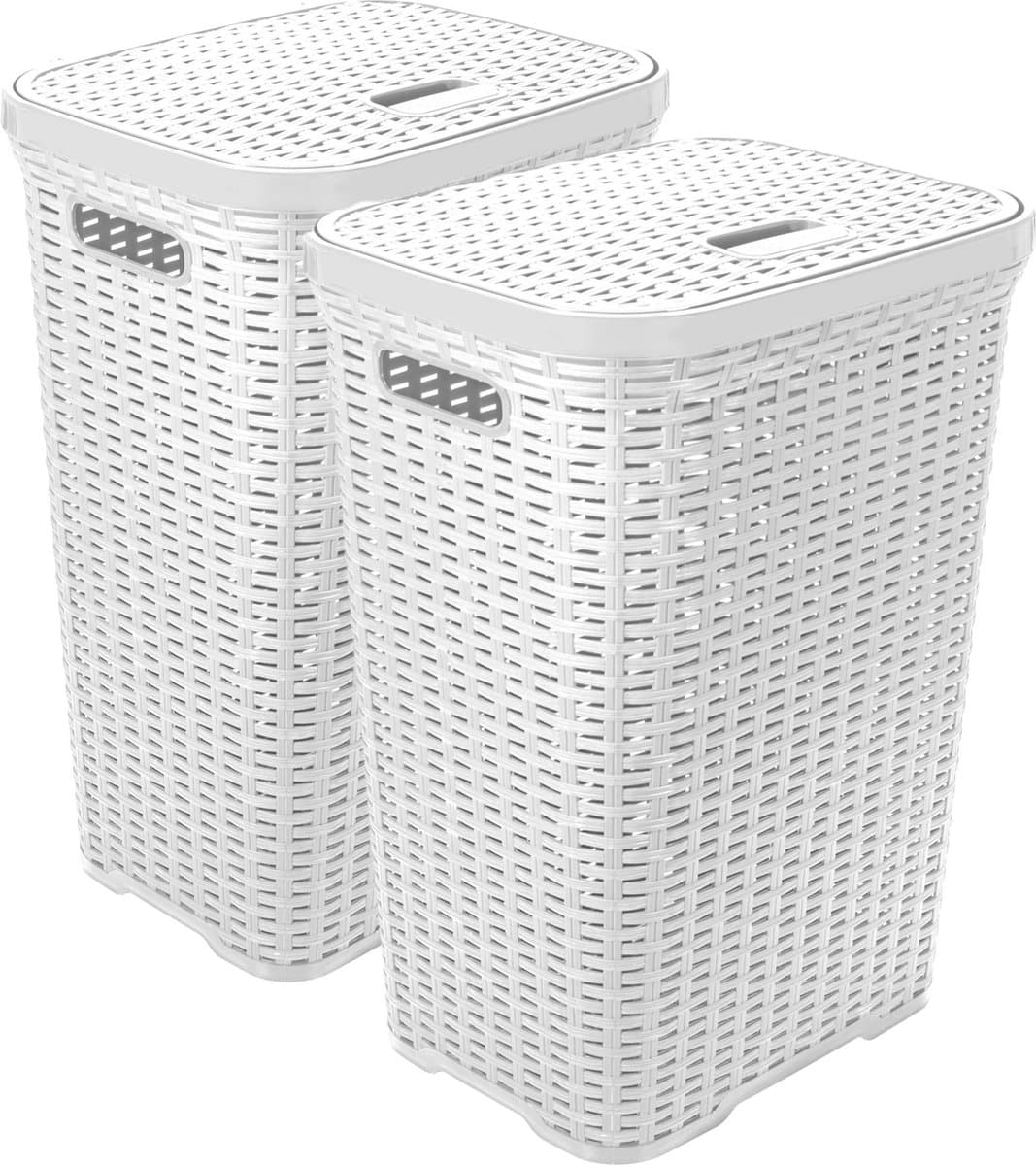Hega Hogar Wasmand met deksel Rotan - 2x - wit - gevlochten kunststof - 60 liter - 34 x 43 x 62 cm — afbeelding 1