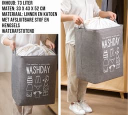 Allernieuwste Wastas Opbergtas 73 L Organizer Opbergbox Voor Wasgoed, Dekens, Kussens, Kleding, Dekbed, Speelgoed - Waszak maat 33 x 43 x 52 cm - Kleur GRIJS — thumbnail 3