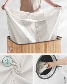 Bamboe Wasbox 150 L - Opvouwbaar met Deksel en Handvaten - Was Sorteermachine met 3 Compartimenten - Machine Wasbare Katoenen Waszak - Natuurlijke Kleur - Geschikt voor de Wasruimte (LCB091N01) — thumbnail 4