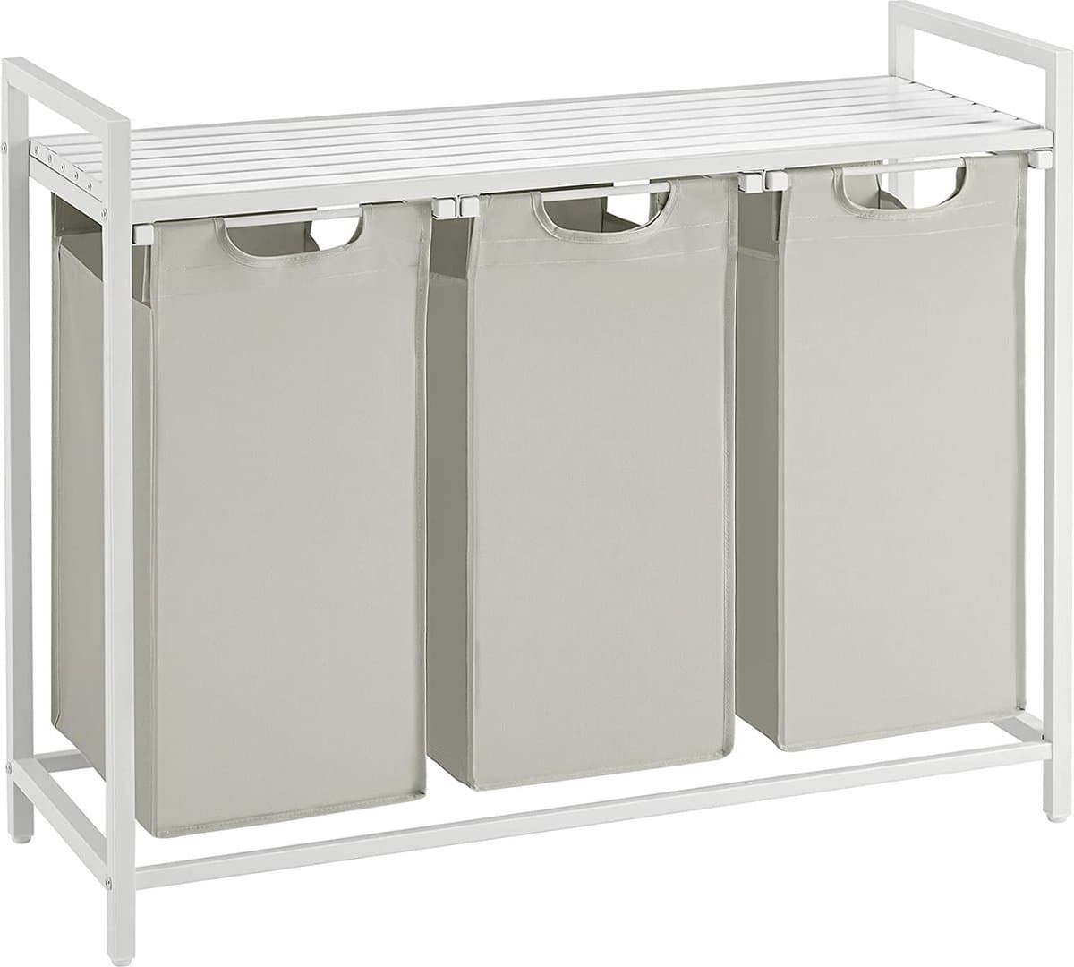 Wasmand 3 vakken – wassorteerder - uitschuifbaar met plank - 92.5 x 33 x 71 cm – wasmand - 168 L verdeeld over 3 zakken – wasmanden – wasmand wit metaal - wit hout — afbeelding 1