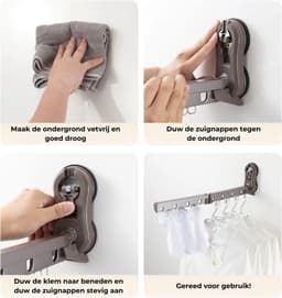 BROËL - Droogrek Hangend - Droogrek Inklapbaar - Wanddroogrek - Kledingrek - Wasrek Hangend - Wasrek Inklapbaar - Kledinghanger - Grijs - Inklapbaar - 14 haken - Aluminium - Met Zuignap — thumbnail 2