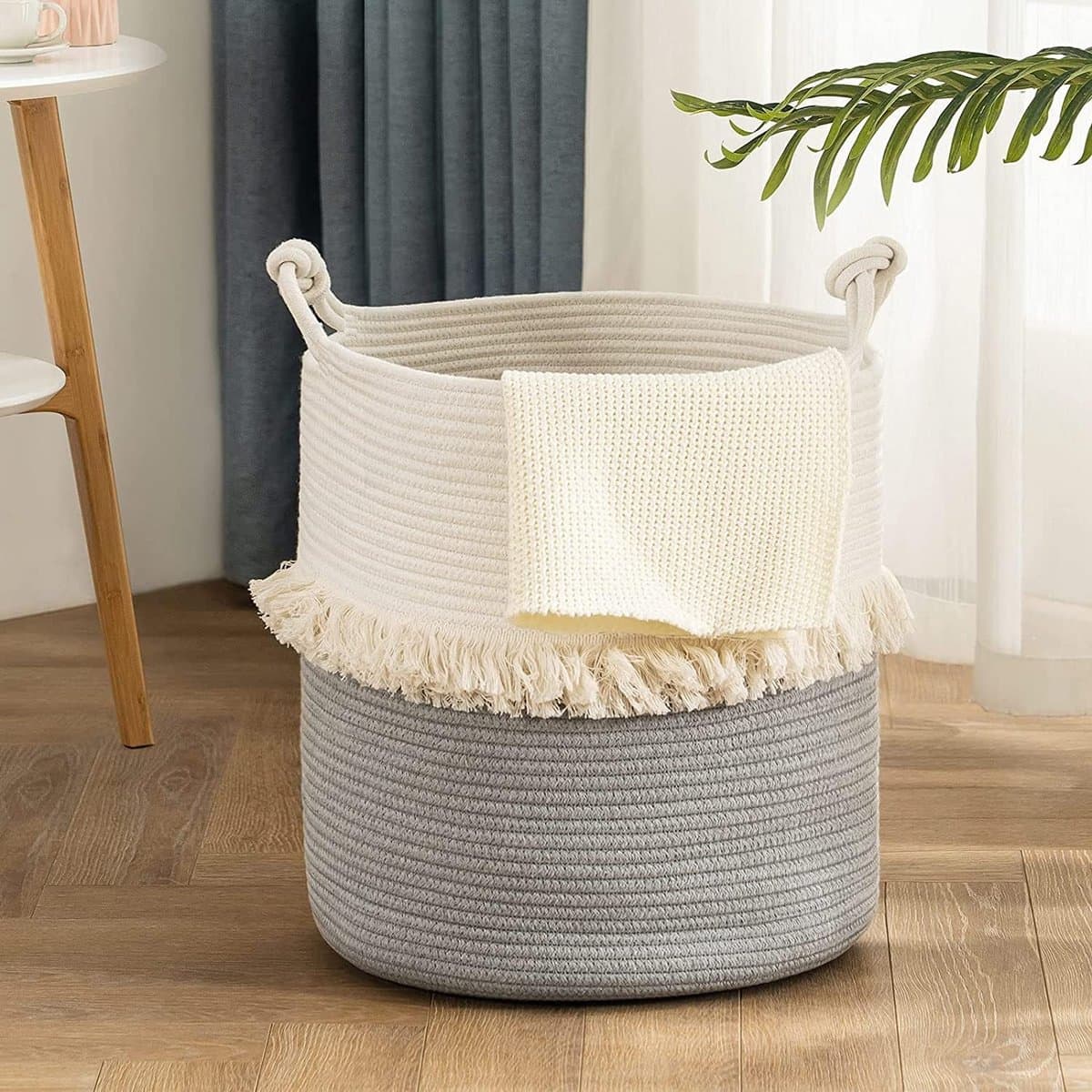 Wasmand van katoenen touw, opbergmand, boho decoratieve mand geweven, wasverzamelaar met handvatten, speelgoedopberger voor kinderkamer 40x43cm beige — afbeelding 1
