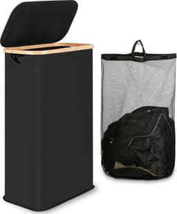 Wasmand 60 Liter met Deksel - Smalle Kledingmand - Opvouwbare Wasmand met Wasbare Uitneembare Binnenzak - Voor Badkamer Slaapkamer en Wasruimte - Zwart — thumbnail 2