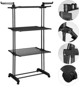 Dailygoods Kledingdroogrek voor binnen met wielen - Drielaags dubbelstaand opvouwbaar droogrek met vleugels - Geschikt v — thumbnail 2